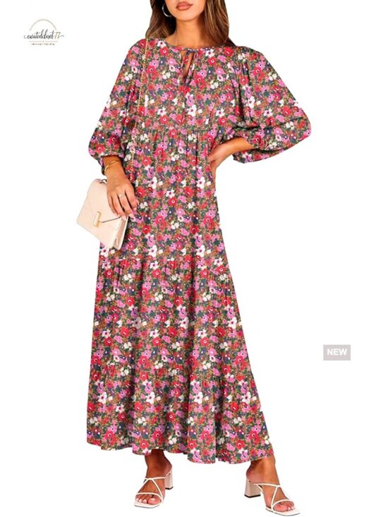 Dresses & Skirts - Boho Maxi Dress with V Neck Puff Sleeves Flowy Swing Casual Long Dress